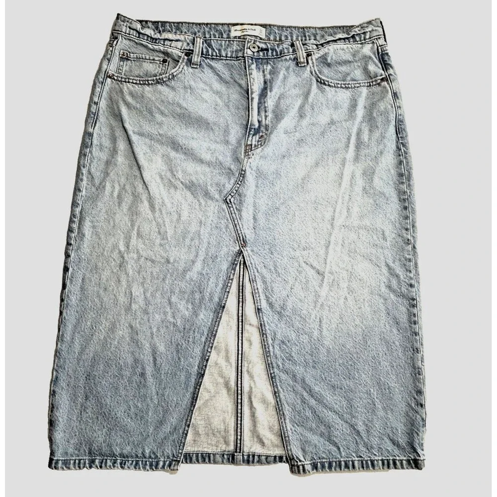 High Rise Denim Midi Jean Skirt Front Slit Abercrombie & Fitch Size 33/16 - Picture 2 of 8